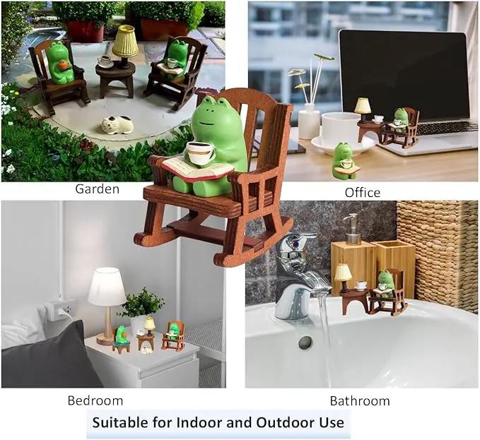 7 Pcs Cute Frog Rocking Chair Set with Miniature Frog Figurines, Mini cat, and Whimsical Trinkets - Versatile Decor for Office, Home, Yard, Patio, and Lawn by GreenHaven Gardens