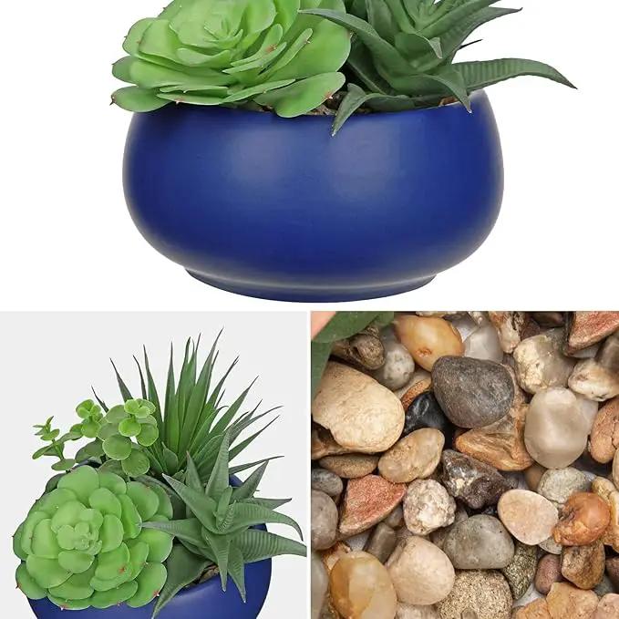 Fake Plants Artificial Succulents in Pots Faux Succulent Arrangement Potted Plant with Blue Ceramic Pot for Home Decor Modern Office Desk Bathroom Shelf Living Room Indoor & Outdoor Decoration by GreenHaven Gardens