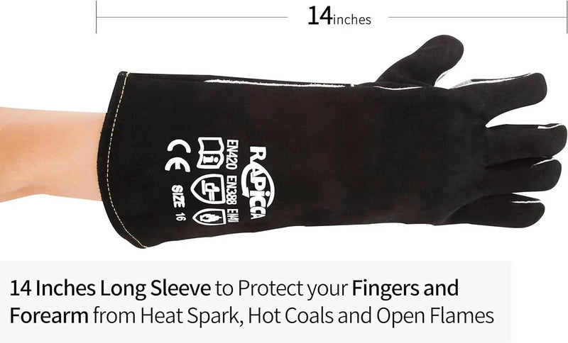 RAPICCA Fireplace Gloves Fire Heat Resistant: Black 14IN - Fireproof Leather for Fireplace Fire Pit Wood Stove Campfire Furnace BBQ Grill Oven Stick Mig Welding Welder Gear - Birthday Gift for men by GreenHaven Gardens
