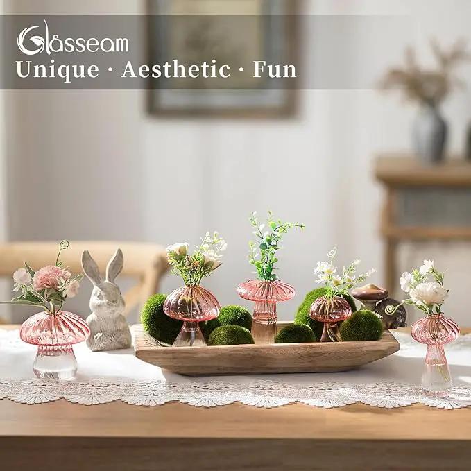 Glasseam Mushroom Plant Propagation Stations: Pink Glass Terrarium Jar Set of 5 Cute Planters for Indoor Plants Decorative Propagate Vase Unique Gifts for Women Home Office Decor by GreenHaven Gardens
