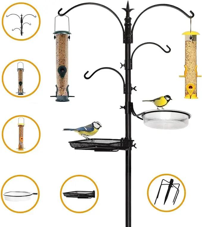 Premium Bird Feeding Station with 2 Bird Feeders Included for Outside - Multi Feeder Pole Stand Kit with 4 Hangers, Bird Bath and 5 Prong Base for Attracting Wild Birds - 22 Inch Wide x 91 Inch Tall by GreenHaven Gardens