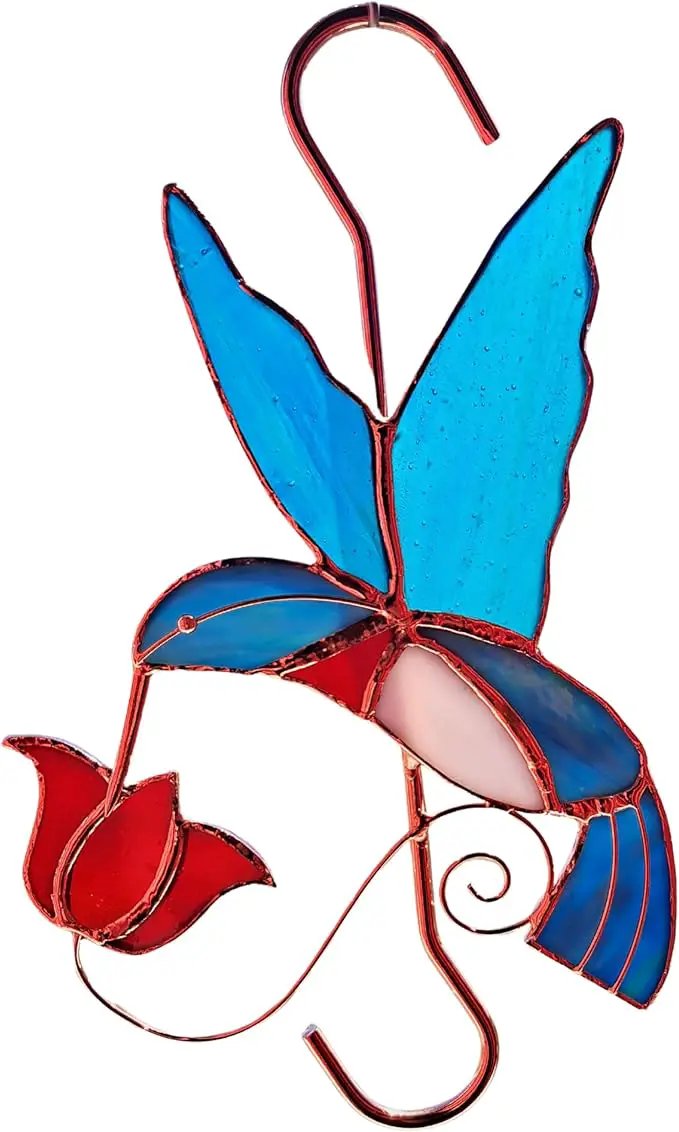 Stained Glass Window Plant Hanger - Hummingbird with Red Flower - Sun Catcher Plant Hook with Copper Hooks Top and Bottom for Indoor and Outdoor Use by GreenHaven Gardens