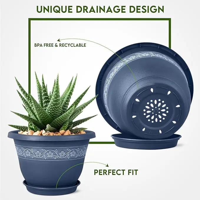 8 Inch Plant Pots with Drainage Hole - Lightweight Flower Pots for Herbs and Flowers - Home Decor Plastic Planters for Indoor Outdoor Plants- Pack of 6 (Blue, 8 inch) by GreenHaven Gardens