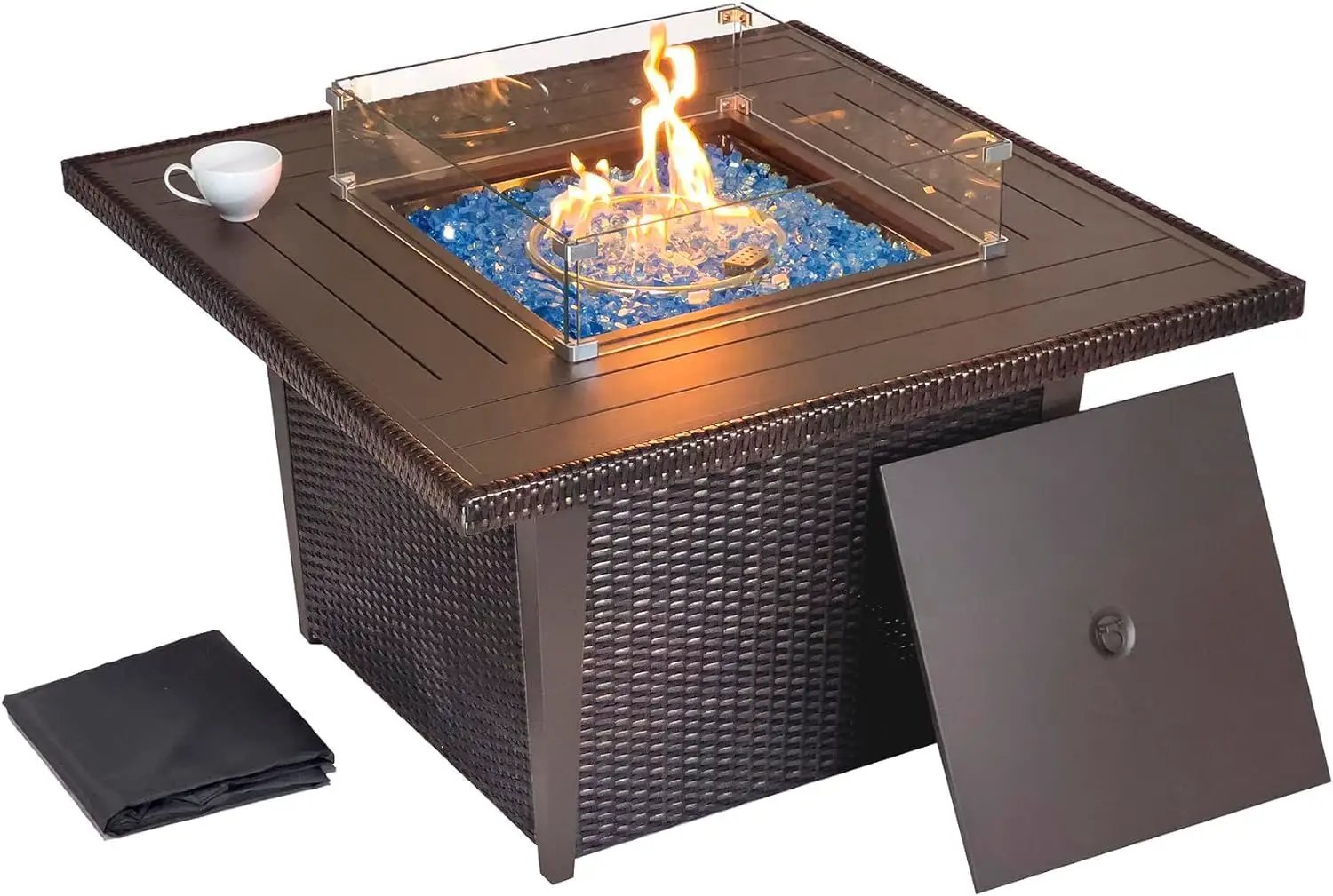 42 Inch Outdoor Propane Fire Pit, 50,000 BTU Gas Fire Pit Table with Lid, Wind Guard, Cover, and Glass Stones, Brown Squre Rattan Gas Firepit Table for Patio, Terrace, Garden, CSA Certification by GreenHaven Gardens