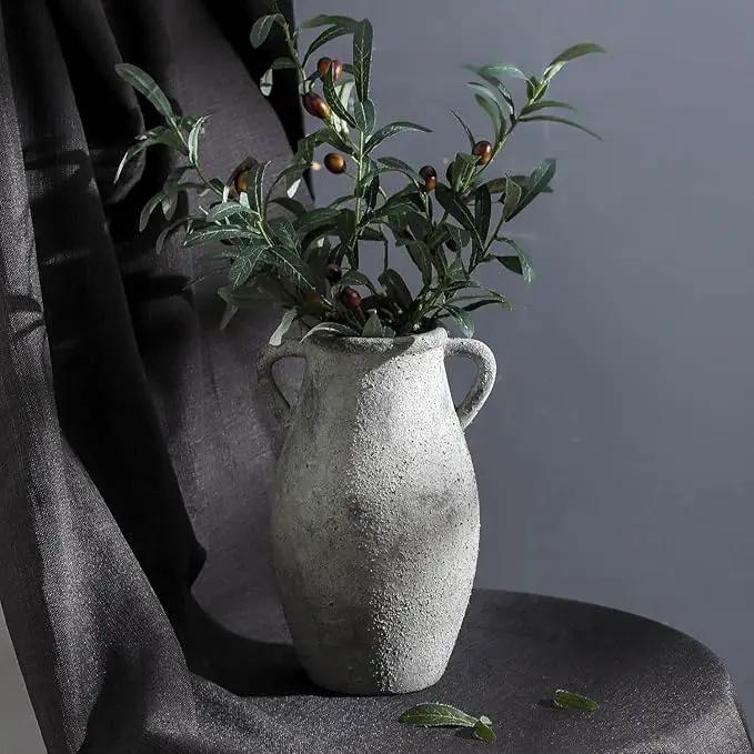 Large Ceramic Rustic Vase,11.3 inch Tall Farmhouse Flower Vase with 2 Handles for Home Decor, Living Room Entryway Table Centerpiece Decor by GreenHaven Gardens