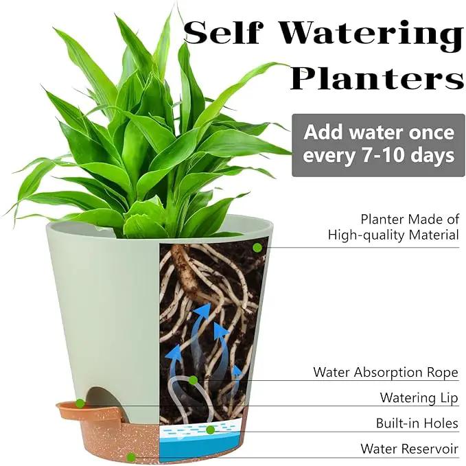 Self Watering Green Plastic Plant Pot Flower Planters with Drainage Hole And Deep Reservoir Large Planting Pots for for All Houseplants,Succulent, African Violets, Flowers and Cactus 12Inch/2pcs by GreenHaven Gardens