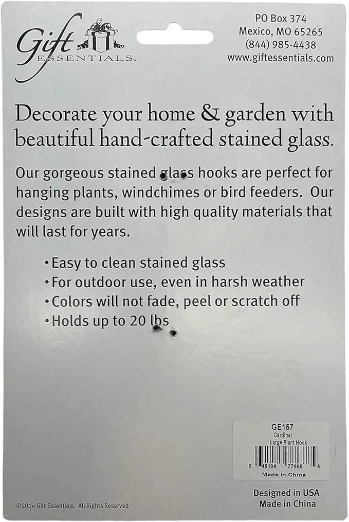 Stained Glass Hanging Plant Hook - Red Cardinal Sun Catcher with Copper S Hooks Top and Bottom for Indoor and Outdoor Use by GreenHaven Gardens