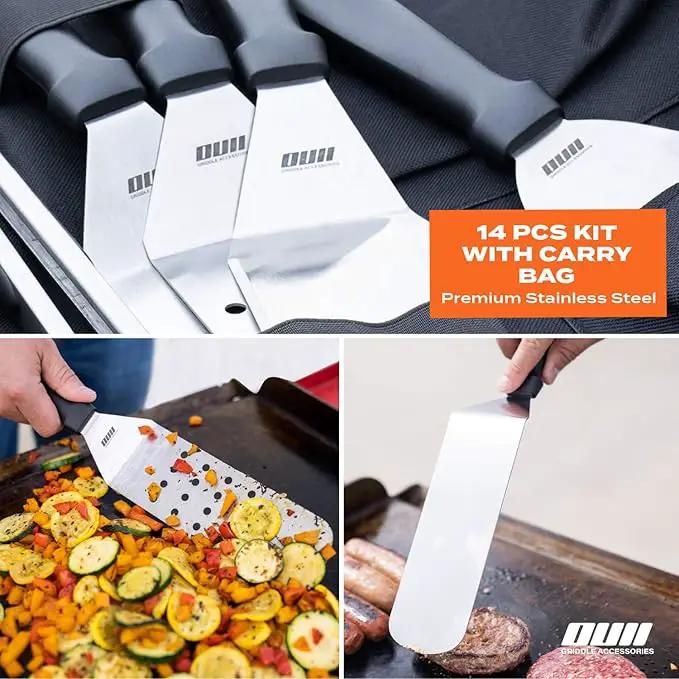 Flat Top Griddle Accessories Set for Blackstone and Camp Chef Griddle - 14 Pieces Set with Griddle Cleaning Kit & Carry Bag! Metal Spatula, Griddle Scraper, Egg Rings for Teppanyaki & Gas Grill by GreenHaven Gardens