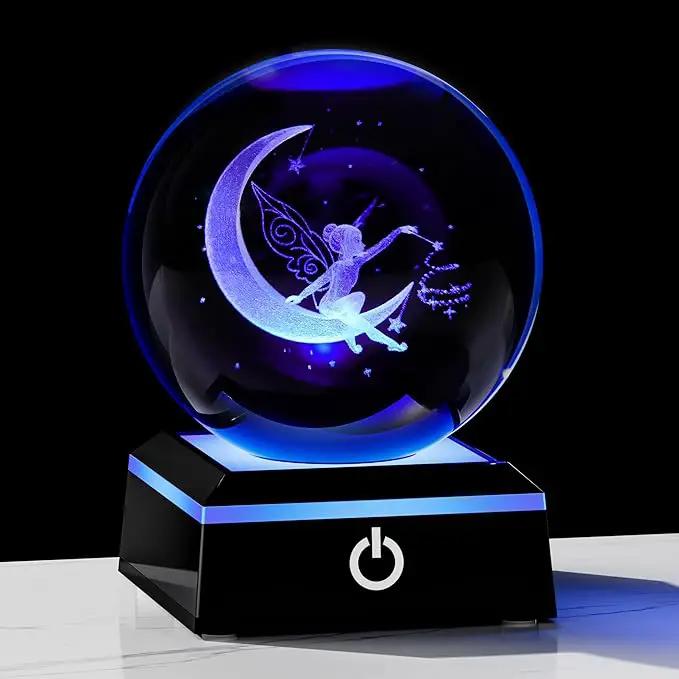 Qianwei Moon Fairy 3D Crystal Ball Laser Engraved Fairy Glass Ball Fairy Night Light Decorative Globes 3D Crystal Moon Sphere Fairy Gifts for Girl Her Fairy Lover by GreenHaven Gardens