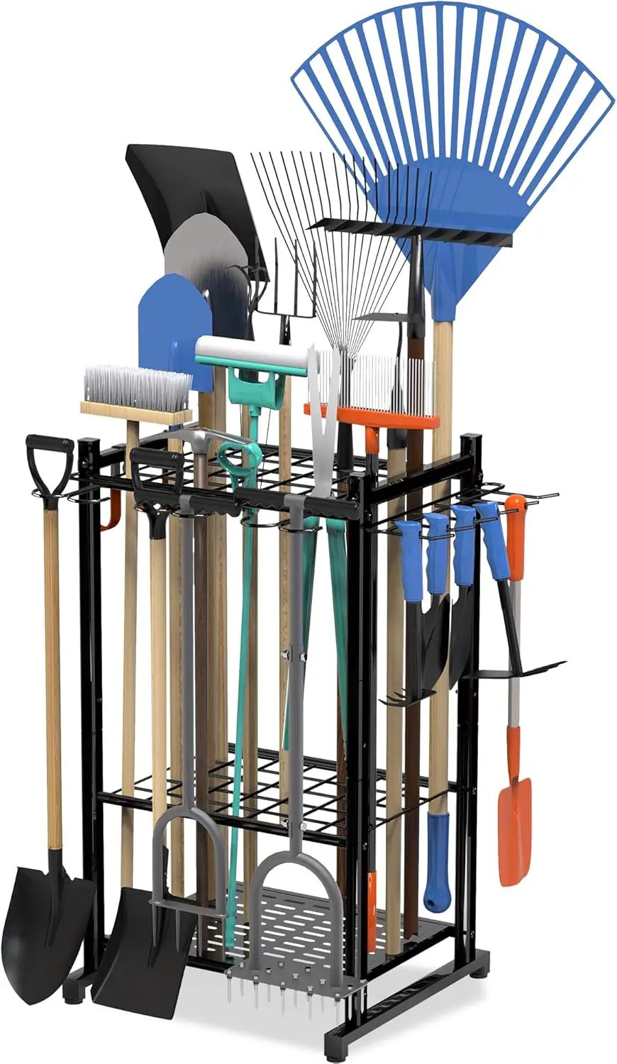 Garden Tool Organizer Rack Up to 50 Tools, Heavy-Duty Steel Yard Tool Organizer for Garage Storage with 11 Hooks, Broom Holder & Garden Tool Rack for Shed, Patio, Outdoor Use, Black by GreenHaven Gardens