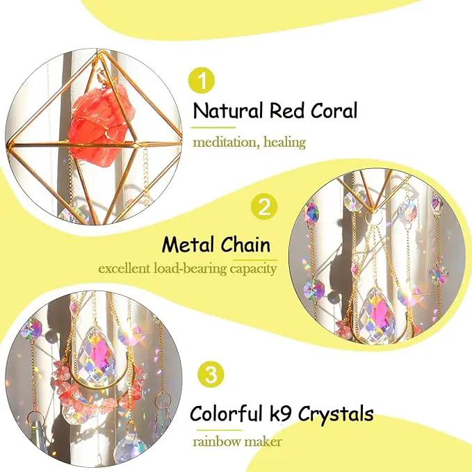 Healing Crystal Suncatchers Hanging Wind Chime Style Garden Suncatcher Rainbow Maker Gold Plated Sun Catcher Decor for Home Indoor Outdoor Gift (RED) by GreenHaven Gardens