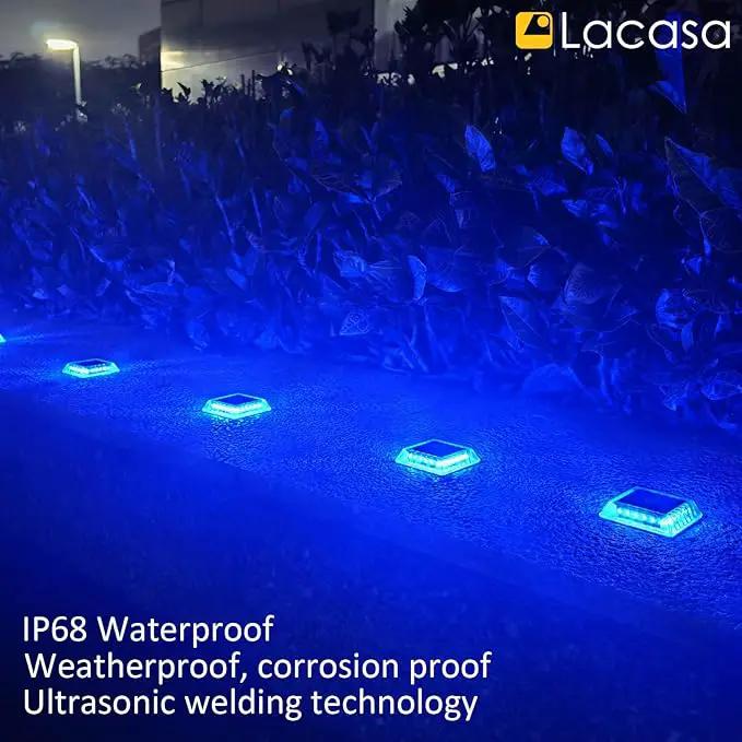 Lacasa Solar Deck Lights, 4 Pack 30LM LED Dock Lights Blue Light, Outdoor Solar Powered Step Lights Light up All Night IP68 Waterproof Auto ON/Off for Garden Stairs Driveway Pathway Lighting by GreenHaven Gardens