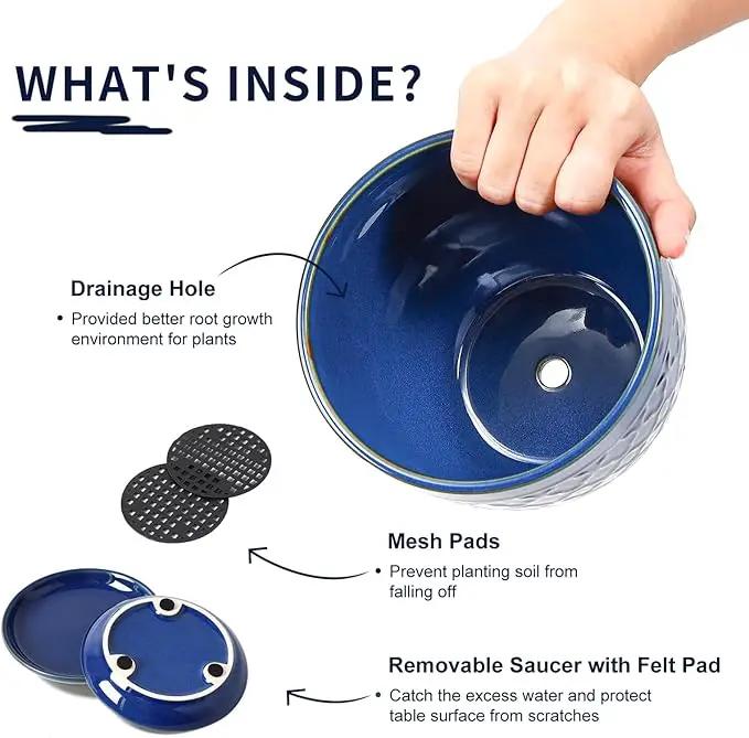 Sureasy Ceramic Indoor Plant Pots - 5.6 Inch Flower Pots for Plants with Drainage Hole and Saucer, Embossed Planter for Succulents, Orchid, Cactus, Indoor Home Decor, Set of 4, Blue by GreenHaven Gardens