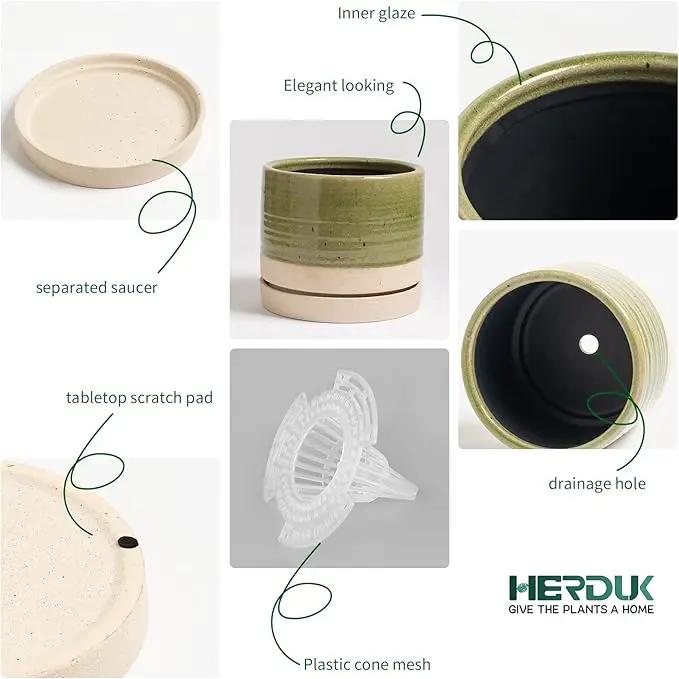 8 Inch Pots for Plants, Ceramic Planter Pot with Drainage Hole & Saucer, Indoor/Outdoor Cylinder Round Planter Pot, Green & Beige by GreenHaven Gardens
