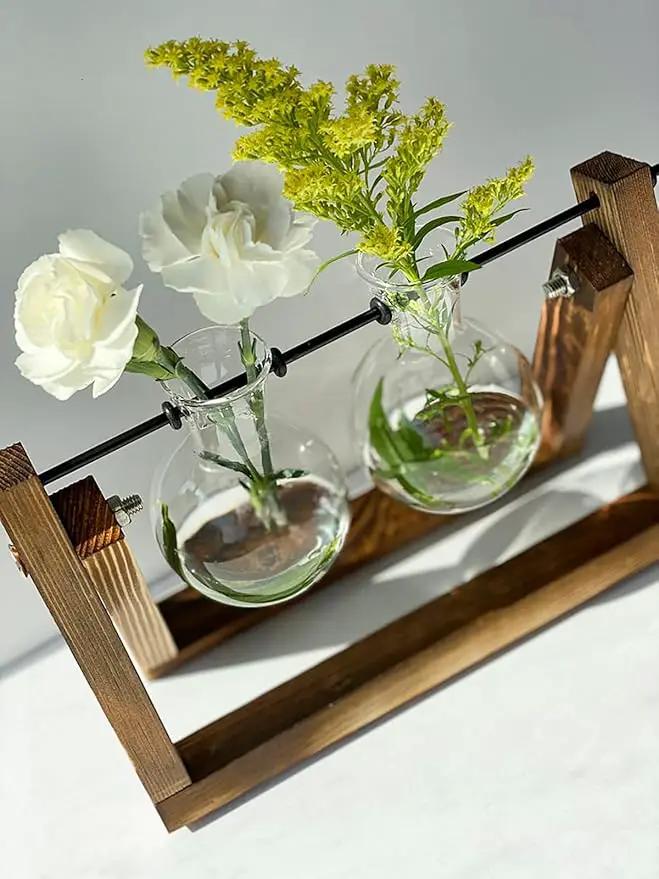Kingbuy Glass Desktop Planter with Retro Wooden Stand and Plant Terrarium vase (2 Bulbs) for Indoor Office Desk Decor Accessories by GreenHaven Gardens