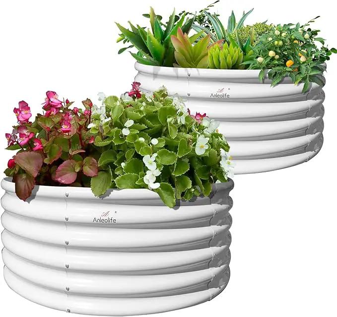 A ANLEOLIFE 2-Pack 4ft x 18” Tall Galvanized Raised Garden Beds Outdoor, Round Metal Planter Box for Planting Vegetables Flowers Herb, Anti-Rust & Easy-Setup, Antique White by GreenHaven Gardens
