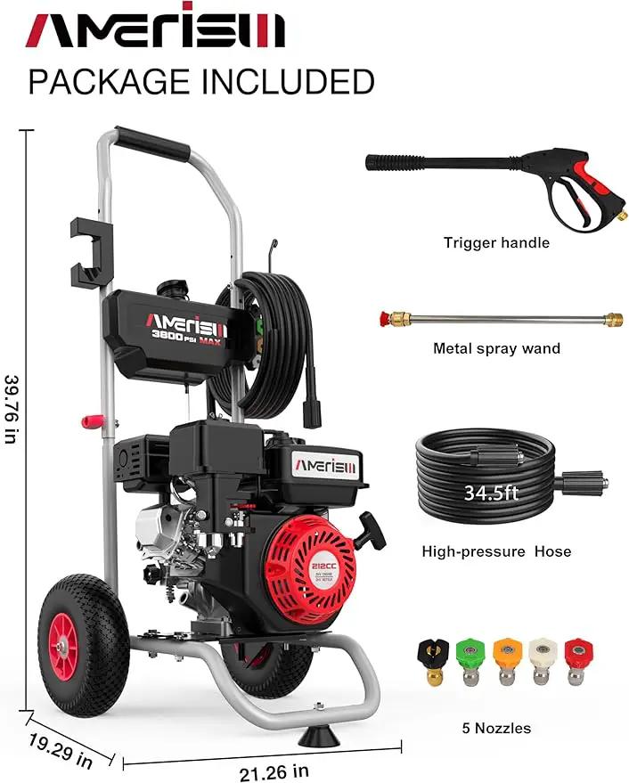 Gas Pressure Washer 3800 PSI and 2.5 GPM, 212CC, with Onboard Soap Tank, 10" Wheel, 5 Nozzle Set, for Cars/Fences/Homes/Patios/Furniture by GreenHaven Gardens