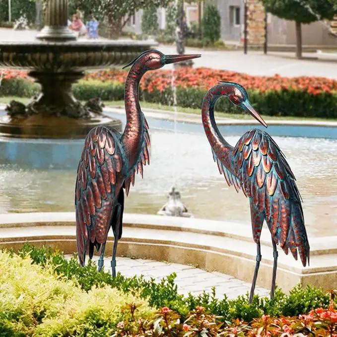 Kircust Metal Crane Statues - Set of 2 Bronze Heron Sculptures for Garden, Patio, or Yard Decor - 27.56" Tall Weatherproof Outdoor Art by GreenHaven Gardens