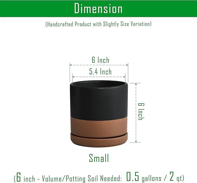 D'vine Dev Set of 2 Plants Pots, 6 Inch Ceramic Planter Pot for Plants with Drainage Hole and Saucer, Black/Speckled Tan, 94-V-C-7 by GreenHaven Gardens
