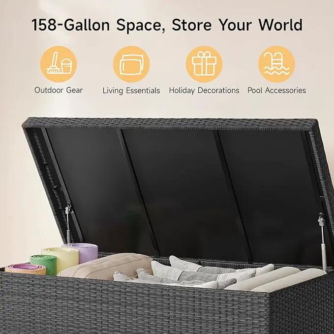 158 Gallon XL Deck Box with Lid, All Weather Wicker Outdoor Storage Box Waterproof, Large Outdoor Patio Storage Bin for Cushions, Garden Tools, Gears, Pool Accessories, Black by GreenHaven Gardens