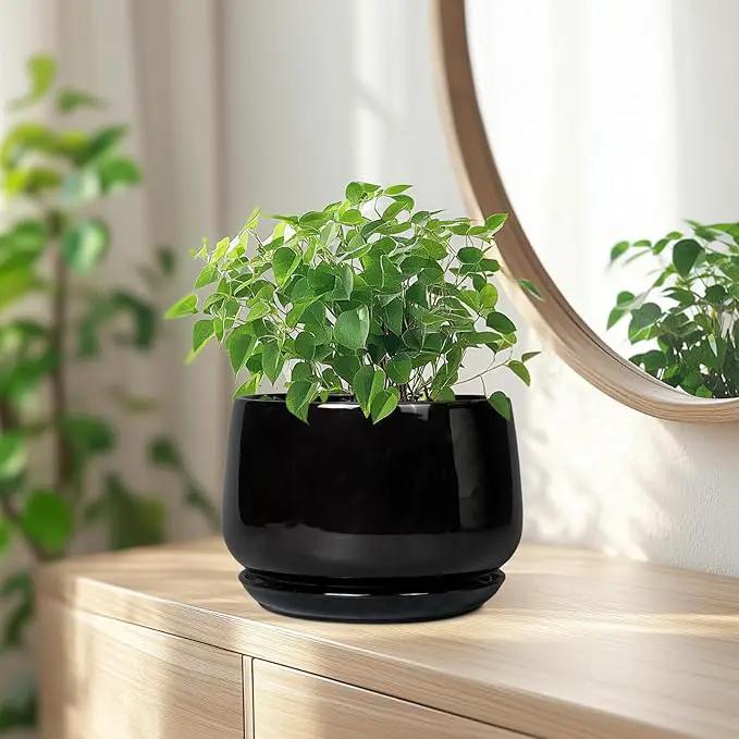 G EPGardening Ceramic Planter 7 Inch - Ceramic Pot for Plants with Drainage and Saucer, Round Plant Pots, Modern Indoor Outdoor Planter, Home Decor, Garden Gifts, Black by GreenHaven Gardens