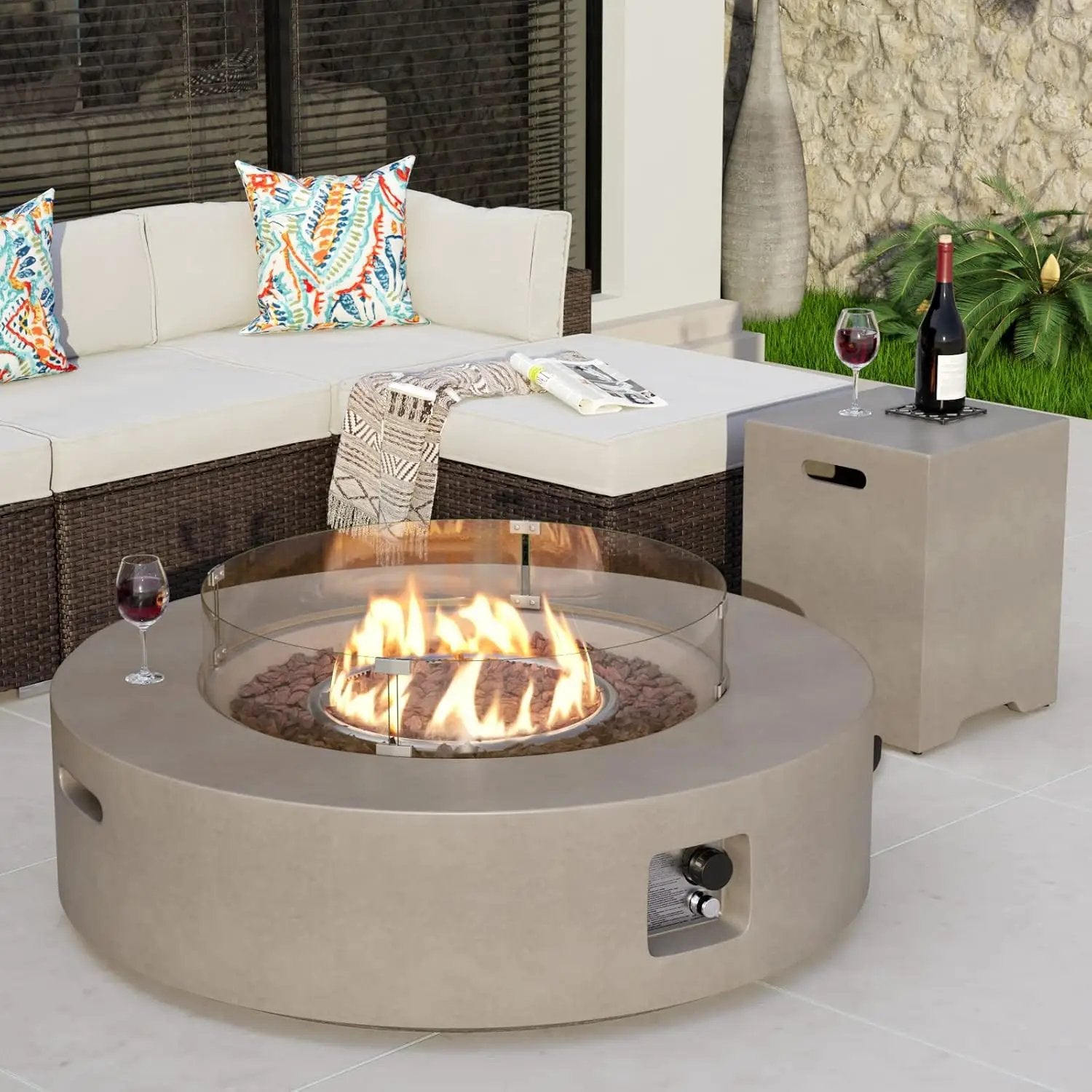 COSIEST 2-Piece Outdoor Propane Firepit Table Set w Tank Table, CSA Certified 42" Fire Table CSA Certified, 50,000 BTU w Gray Round Base,Wind Guard and 16 inches Tank Side Table 20lb for Garden,Pool by GreenHaven Gardens