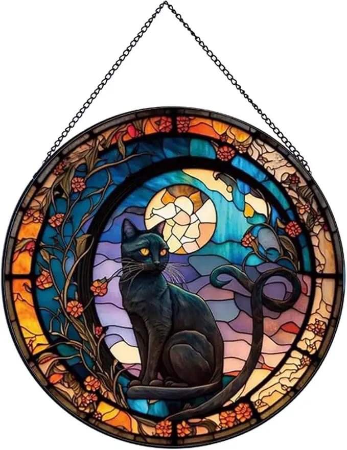 Black Cat Stained Glass Window Hangings,Suncatcher Stained Glass for Windows for Cat Lovers,20cm/7.87inch Hand-Painted Sun Catcher Garden Hangings Halloween Fall Christmas Decor for Home by GreenHaven Gardens