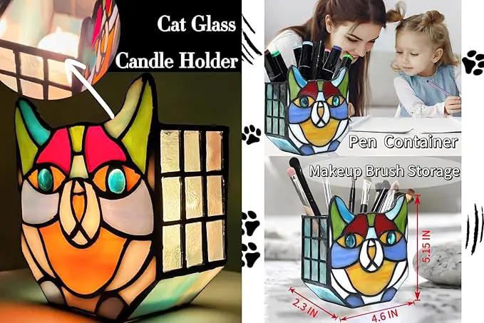 Tiffany Stained Glass Cat Planter,Indoor and Outdoor Plant Displays,Succulent Cat Pot,Plant Gifts for Women,4.6x5.15x2.3 in (Without Succulents) by GreenHaven Gardens