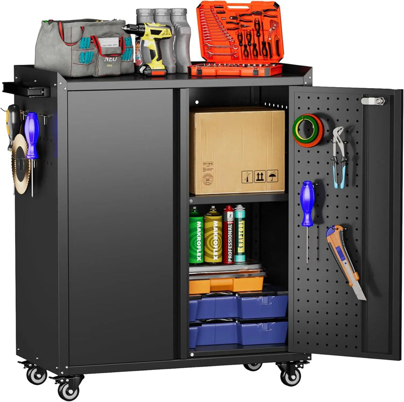 Garage Storage Cabinet with Wheels & Pegboard, 34.3" H Locking Metal Tool Storage Cabinet with Doors and Shelf & 4 Hooks for Garage, Home, Workshops, Assembly Required, Black by GreenHaven Gardens