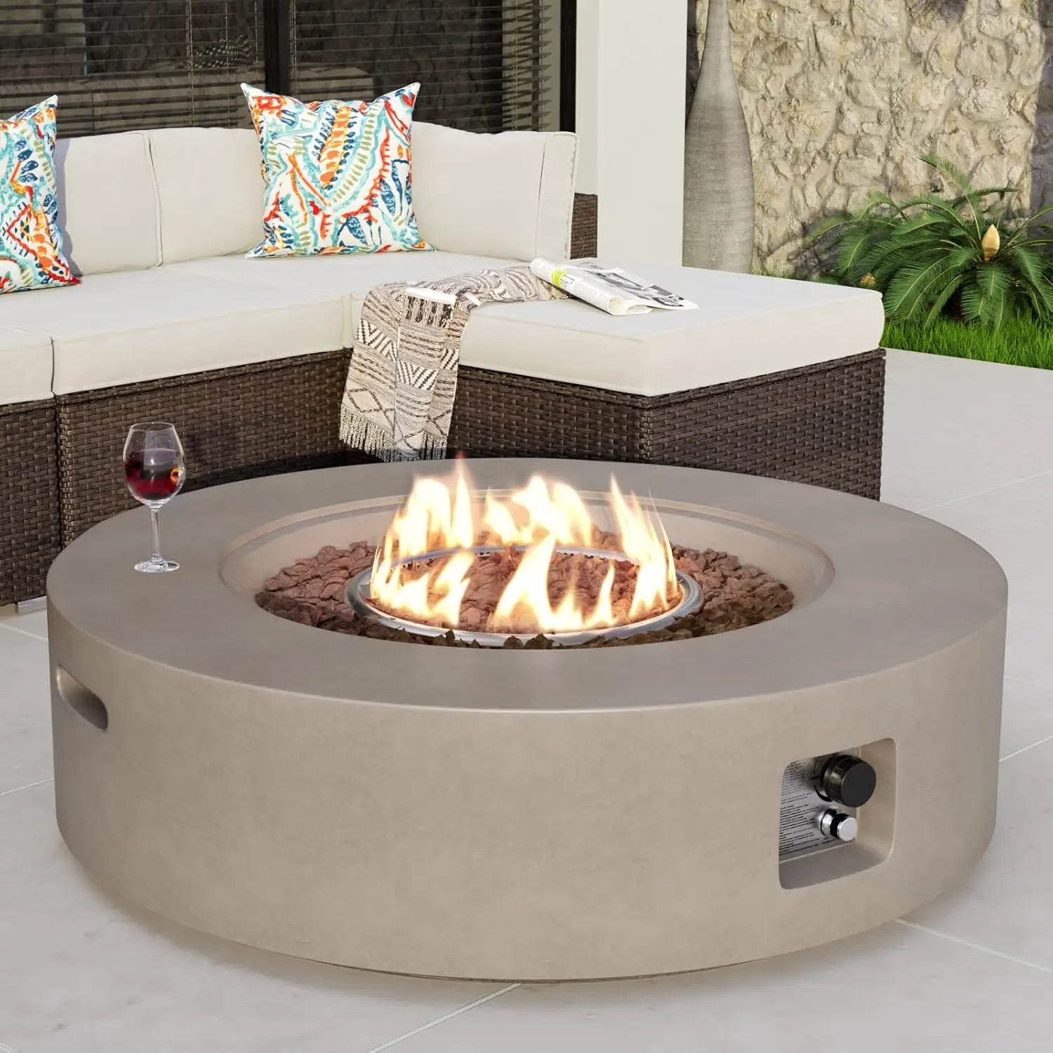 COSIEST 42 inch Outdoor Propane Fire Pit Coffee Table w Concrete Round Base Patio Heater, 50,000 BTU Stainless Steel Burner, Free Lava Rocks, Rain Cover(Gray) by GreenHaven Gardens