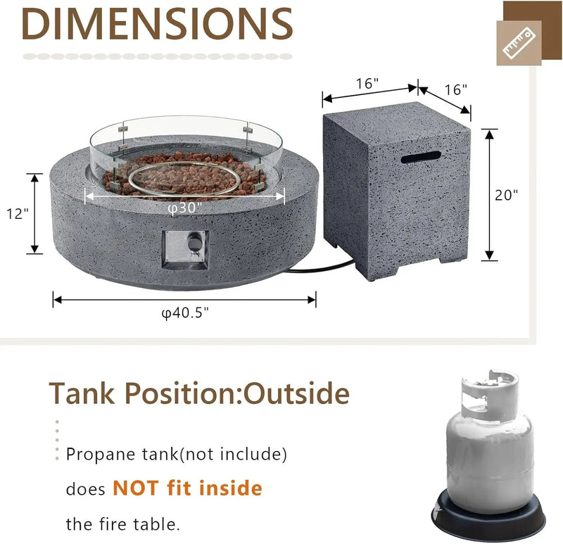 COSIEST 42 inch Outdoor Propane Fire Pit Coffee Table w Concrete Round Base Patio Heater, CSA Certified, 50,000 BTU Stainless Steel Burner, Free Lava Rocks, Rain Cover, Wind Guard, Tank Cover, Gray by GreenHaven Gardens