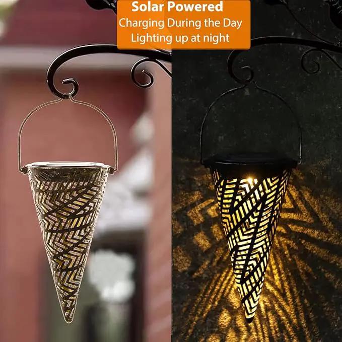 Outdoor Decorative Solar Hanging Lights with Delicate Hollow Conical Lantern Design - Set of 3 Chandelier for Patio, Tree, Garden, Yard, Porch, Backyard Pathway and Christmas Decoration. by GreenHaven Gardens