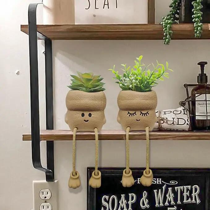 2Pcs Smiley Face Succulent Artificial Plants Planters - Cute Plant Pot Home Decor, Small Faux Plants Planter Indoor for Bathroom/Office/Kitchen Window Sill Decor, Fake Plant Ideas Gifts for Women by GreenHaven Gardens