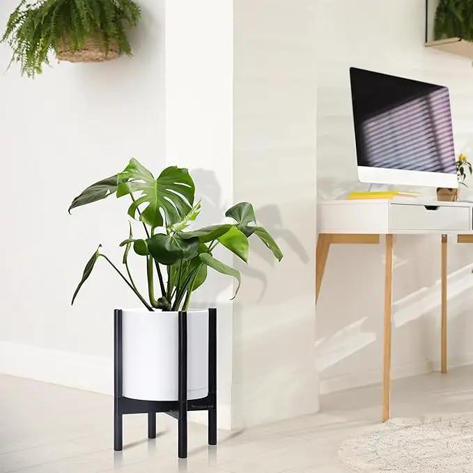 D'vine Dev Planter Pot with Stand - 10 Inch Plastic Cylinder Flower Pot with Wood Planter Holder for Indoor, Matte White Pot + Ebony Stand, 55-C-N-1 by GreenHaven Gardens