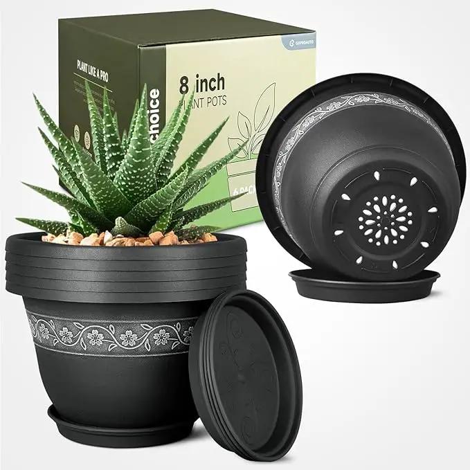 8 Inch Plant Pots with Drainage Hole - Lightweight Flower Pots for Herbs and Flowers - Home Decor Plastic Planters for Indoor Outdoor Plants- Pack of 6 (Black, 8 inch) by GreenHaven Gardens