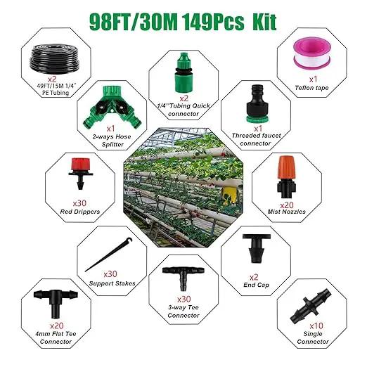 Garden Drip Irrigation Kit,98FT/30M 149Pcs Plants Misting System for Lawn Patio Automatic Irrigation Equipment with 1/4" Blank Distribution Tubing Hose Adjustable Nozzle Emitters Sprinkler by GreenHaven Gardens