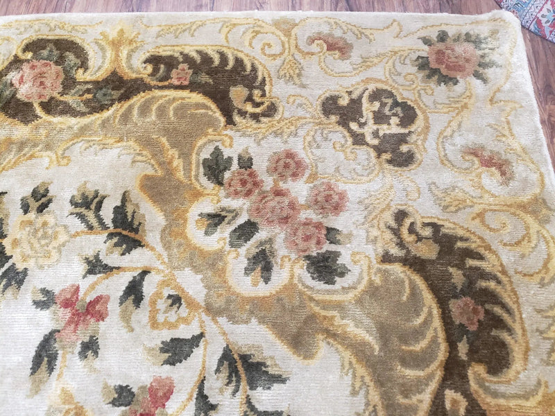 Aubusson Rug 10x14, Elegant French European Design, Vintage Handmade Carpet with Pile, Beige Floral Dining Room Rug, Living Room, Soft Wool by Jewel Rugs