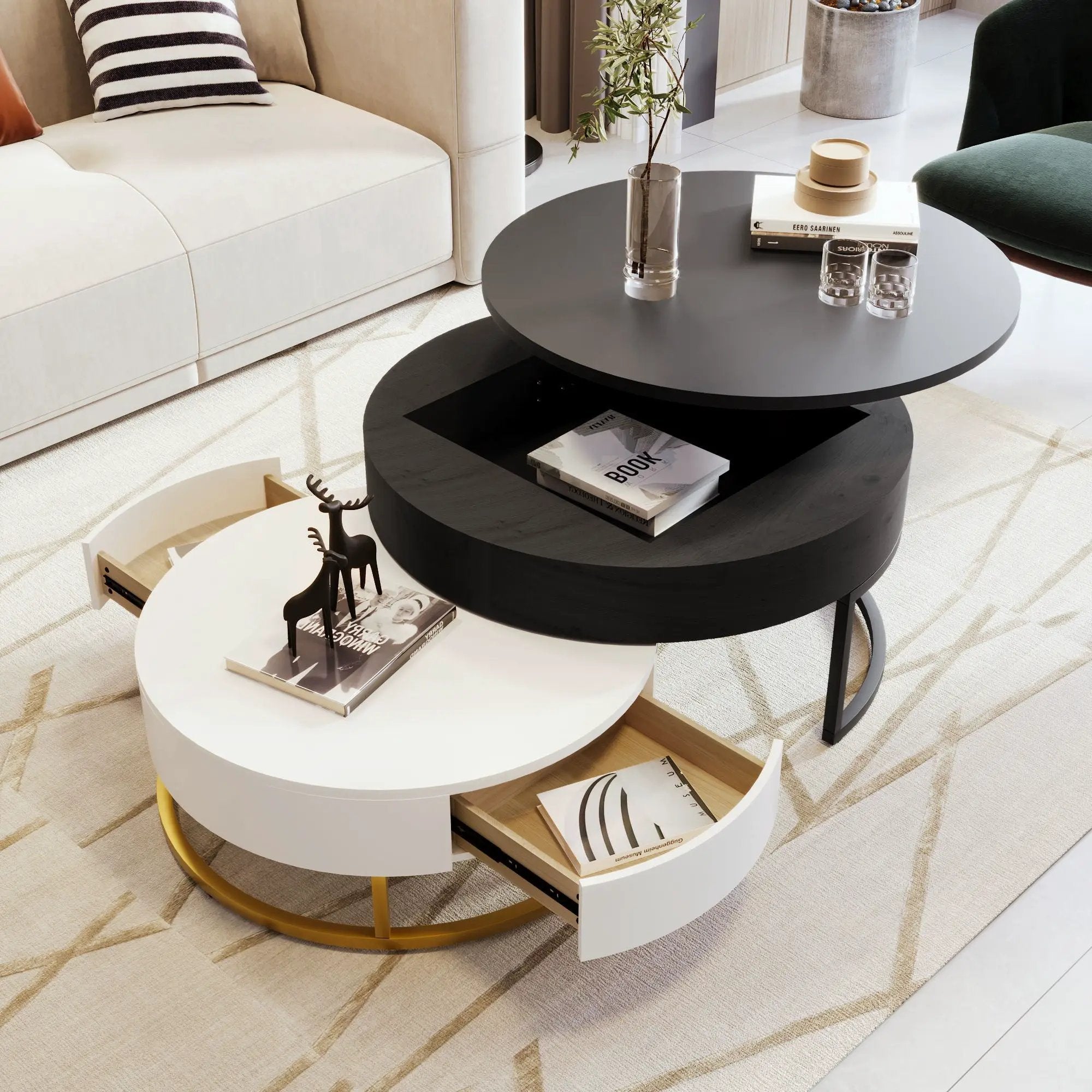 Modern Round Lift-Top Nesting Coffee Tables With 2 Drawers by Unique Piece Furniture