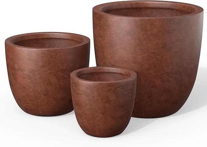 Kante 18",14",10" Dia Concrete Round Planters (Set of 3), Outdoor Indoor Large Planter Pots with Drainage Hole and Rubber Plug for Home Patio Garden, Rusty by GreenHaven Gardens