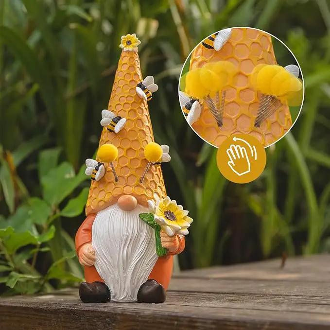 pearlstar Garden Gnome Statues Bee Solar Light 10.2" Tall Large Resin Figurine Outdoor Funny Home Yard Patio Decoration Fall Thanksgiving by GreenHaven Gardens