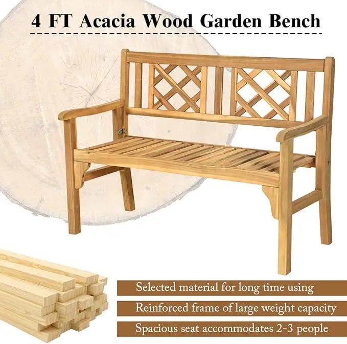 Giantex 4 Ft Foldable Outdoor Bench, Acacia Wood Outside Loveseat with Curved Backrest and Armrest, 705Lbs Weight Capacity, Garden Bench for Patio, Park, Porch, Balcony by GreenHaven Gardens