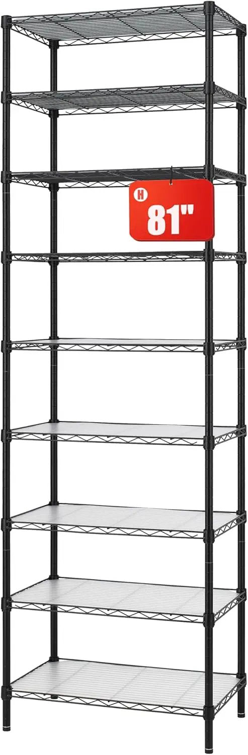 Finnhomy 9-Tier Wire Shelving Unit Adjustable Steel Wire Rack Shelving, 81 Inches Height 9 Shelves Metal Storage Rack, Pantry Shelves for Storage with PE mat, NSF Certified, Black by GreenHaven Gardens