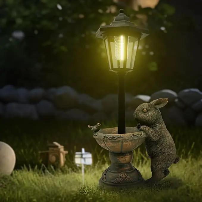 Rabbit Garden Statue with Solar Lantern - 15.8“ Outdoor Bunny Statue Bronze Resin Rabbit Figurines for Outside, Yard, Patio, Lawn Decor, Housewarming Gifts for Women, Mom by GreenHaven Gardens