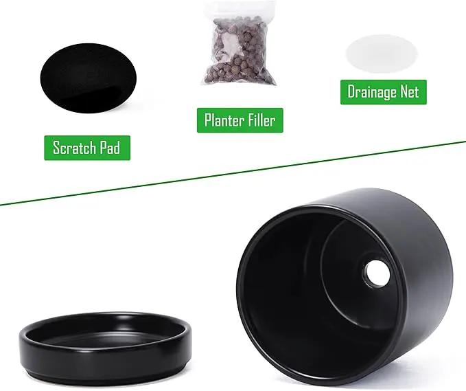 D'vine Dev Set of 4 Small Ceramic Plant Pots, 3.5 Inch Succulent Planter Pot for Plants with Drainage Hole and Saucer, Black, 94-X-A-2 by GreenHaven Gardens