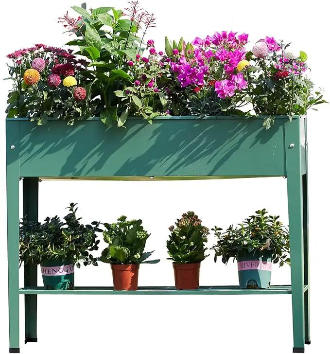 Raised Garden Bed, Elevated Planter Green Metal Plant Box with Legs Standing Garden Stand Drainage Holes Green (Green 40" L x 11" W x 31" H) by GreenHaven Gardens