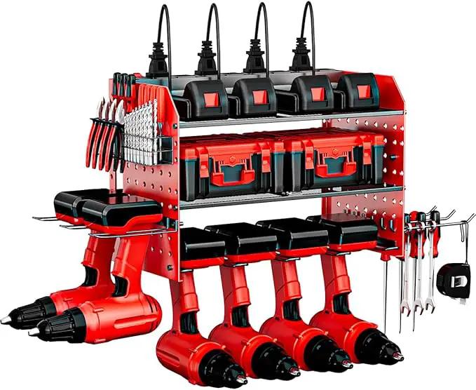 Power Tool Organizer with Charging Station, 6 Drill Holder Wall Mount, 3 Layer Garage Tool Organizer with Hooks, Screwdriver, Drill Bit Rack, Heavy Duty Utility Shelf for Garage, Gifts for Men by GreenHaven Gardens