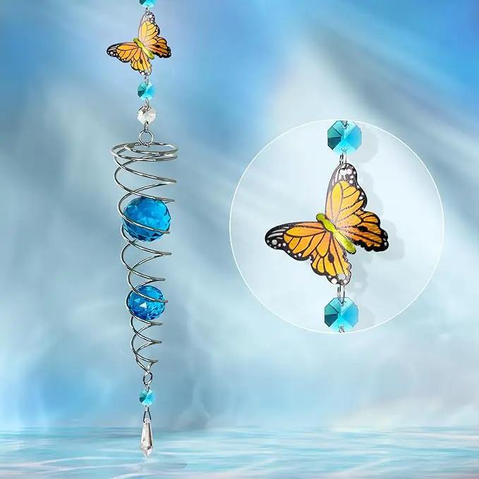FONMY Butterfly Sun Catcher Gazing Ball Wind Spinner Rainbow Maker Silver Spiral W/ K9 Blue Crystal Ball Christmas Gfit Tree Hanging Ornament Indoor Outdoor Garden Decor. 19.5inch H by GreenHaven Gardens