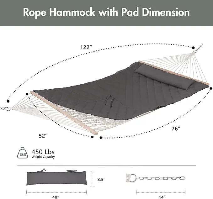 ANOW Outdoor Rope Hammock with Spreader Bars, Heavy Duty Hammock with Pad for Outdoors Indoors, 450 LBS Weight Capacity, Gray by GreenHaven Gardens