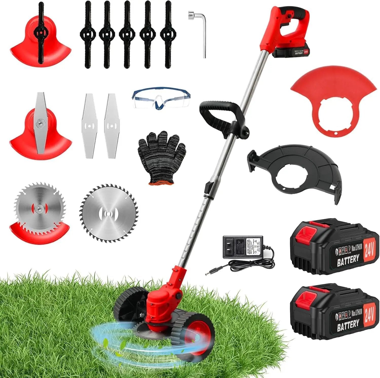 ALSO GO 24V Electric Weed Wacker, 3 in 1 Grass Trimmer with 2pcs Batteries & Fast Charger, Stringless Lightweight Weed Eater/Brush Cutter/Edger with 3 Types Blade & Wheels for Garden and Yard Lawn by GreenHaven Gardens