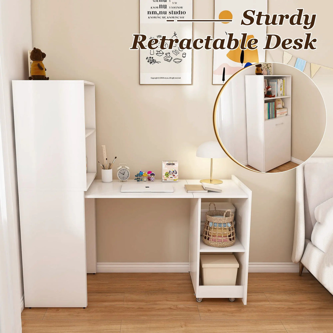 Stretchable Office Desk With Storage Shelves And Mobile Wheels by Unique Piece Furniture